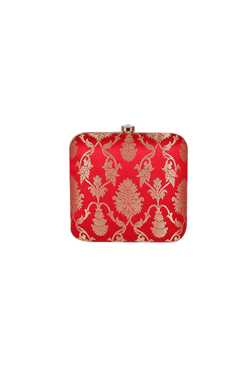 Red Brocade Box Clutch with Sling (6.5 X 2 X 6)